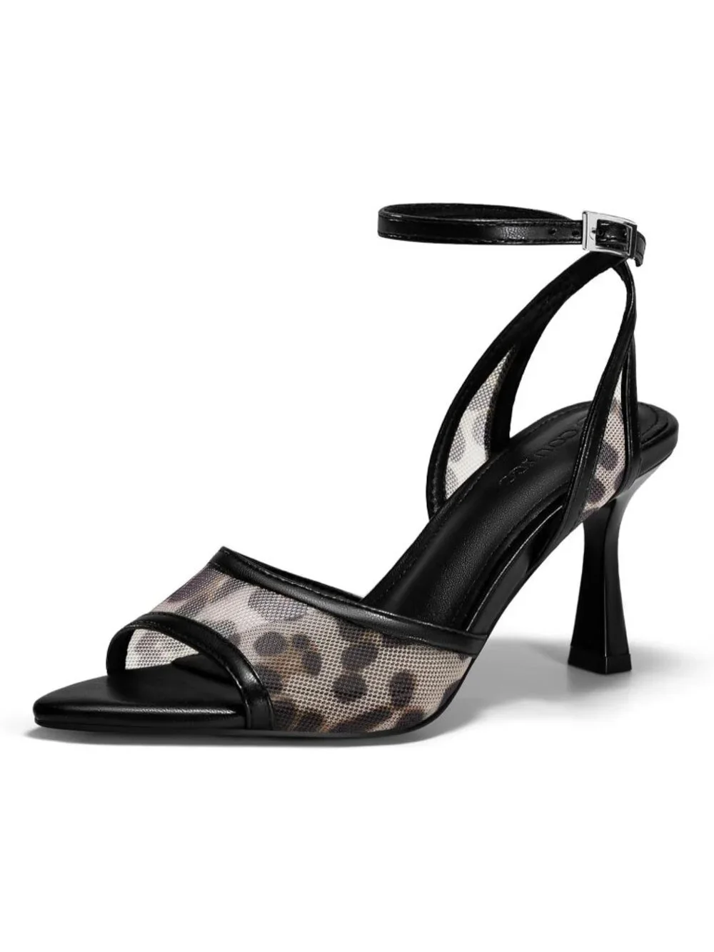 Women's Mesh Leopard Summer Pointed Open Toe Ankle Buckle Strap Heeled Sandals